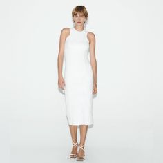 Nwt Zara Women’s White Fitted Floral Jacquard Dress Size M Medium White Sheath Midi Dress For Daywear, Zara White Knee-length Midi Dress, Zara White Midi Dress For Formal Occasions, White Zara Midi Dress For Formal Occasions, White Knee-length Zara Midi Dress, Zara White Midi Dress For Daywear, Elegant Zara Midi Dress For Daywear, Zara Yellow Dress, Zara Poplin Dress