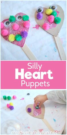 two heart shaped puppets made out of paper with pom poms on them and the words silly heart puppets