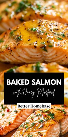 baked salmon with lemon and parsley on the side is shown in front of an image