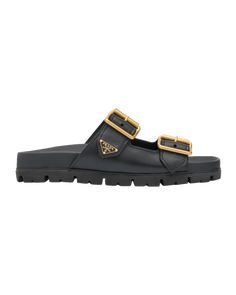 Prada leather comfort sandals 0.75 in / 20 mm flat heel Open toe Dual buckle upper Slide style Molded comfort footbed Rubber outsole Made in Italy Prada Slides, Prada Sandals, Prada Collection, Prada Fashion, Lux Life, Sandals Outfit, Shoes And Sandals, Shoe Inspiration, Miuccia Prada