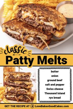 an advertisement for patty melts with cheese and other food items on the side, including fries