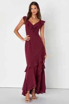 Charming Event Burgundy Asymmetrical Ruffled Maxi Dress Burgundy Dress Lulus, Red Wedding Guest Dresses, Winter Wedding Bridesmaids, Mom Dresses, Bridesmaids Ideas, Winter Bridesmaid Dresses, Burgundy Maxi Dress, Dresses Lulus, Wedding Plan