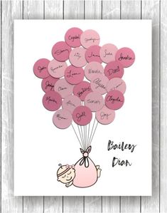 a card with pink balloons and writing on it