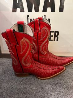 "Portillo Salvaje Red Alligator Boots Length: 11-1/4\" Width:  11-1/2\" Heel: 1-1/4\" Beautiful boots in perfect condition, no flaws to note. They look like they were never worn.  Embroidered alligator emblem on front of boot with detailed stitching throughout. Pointed toe, would suggest these would fit a woman's size 5-1/2 best, due to shape of the foot. Please double check measurements to ensure a proper fit. Thank you." Red Snip Toe Boots With Red Sole, Red Snip Toe Boots, Western Red Square Toe Boots, Red Western Boots With Square Toe, Red Square Toe Western Boots, Red Western Boots For Formal Occasions, Red Fitted High-top Boots, Western Boots With Red Sole And Snip Toe, Western Style Boots With Snip Toe And Red Sole