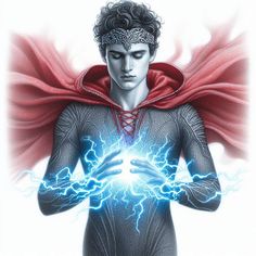 a drawing of a man in a red cape holding his hands together with lightning coming out of his chest