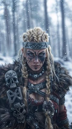 a woman with long braids and makeup in the snow, holding a skull on her shoulder