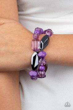 Mismatched gunmetal, polished purple, and crystal-like beads are threaded along interlocking stretchy bands for a whimsical look. Sold as one individual bracelet. Paparazzi Jewelry Images, Candy Bracelet, Purple Bracelet, Rock Candy, Paparazzi Accessories, Bright Purple, Stretchy Bracelets, Affordable Jewelry, Paparazzi Jewelry