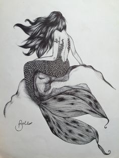 a drawing of a mermaid sitting on top of a rock with her hair blowing in the wind