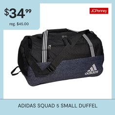 This adidas duffel bag is designed for the gym, team travel or a weekend away. It has a roomy main compartment with inner zip pockets. A ventilated shoe garage keeps wet or muddy items separate. A mesh pocket at the other end holds your water bottle.Closure Type: ZipperPockets: 2 Outside Zipper PocketsMeasurements: 11 Width/Inches, 21 Depth/Inches, 12 Height/InchesBase Material: 100% PolyesterCare: Wipe CleanCountry of Origin: Imported Sporty Adidas Logo Bag, Adidas Sports Bags With Logo, Sporty Adidas Bag With Logo, Adidas Gym Bag With Logo, Functional Adidas Gym Bag For Sports, Black Adidas Bag With Logo, Black Adidas Bags For Outdoor Activities, Functional Adidas Gym Bag For Travel, Adidas Casual Sports Gym Bag