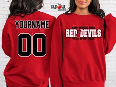 Personalized Red Devils School Spirit T-Shirt Crewneck, Hoodie Hooded Sweatshirt Football, Baseball, Basketball, Softball, Track, Volleyball, Cross Country, Cheer, Wrestling Not all colors are available in all sizes and styles.  Please check the color and size charts in photos. We do our best to accurately represent shirt colors by using actual photos but do understand that all monitors will display differently. Please contact us prior to purchase with any questions on sizing or colors. Your purchase includes a custom imprint created specifically for your team! A product proof will be emailed to you within 1 business day.  Please keep an eye on your Etsy messages and reply with any changes within 24 hours. Your order will be sent to production after that time if no response is received. Ex Red Team Spirit Hoodie For Streetwear, Red Hoodie With Team Name For Winter, Red Hooded Top For Sports Season, Red Hooded Sports Top, Red Team Spirit Hooded Hoodie, Red Fan Apparel T-shirt For Fall, Red T-shirt For School Spirit In Fall, Red Graphic Sweatshirt For Sports Events, Red Letter Print Hoodie Top