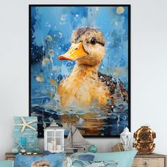 a painting of a duck in the water on a wall above a bed with pillows