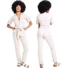 "Denim Jumpsuit Belted Ecru | Formal Jumpsuit | Woman Jumpsuit | Denim Jumpsuit Woman | Gift for Him Introducing our stylish Belted Denim Jumpsuit in a trendy ecru color! This versatile piece is perfect for achieving that effortlessly chic look. Crafted from high quality denim, it offers both comfort and durability. The belted waist not only accentuates your figure but also adds a touch of sophistication. With its flattering silhouette and timeless design, this jumpsuit is perfect for any occasion. Pair it with your favorite sandals for a casual daytime look or dress it up with heels for a night out. Don't miss the chance to embrace fashion-forward style with this Belted Denim Jumpsuit Ecru! Ecru Denim fabric Straight hem Regular fit Turn up buttoned sleeves Zip front fastening Adjustable Chic Cream Jumpsuits And Rompers With Pockets, Trendy Beige Workwear Jumpsuits And Rompers, Cream Fitted Jumpsuit And Romper Casual Style, Trendy Beige Jumpsuits For Work, Casual Cream Fitted Jumpsuits And Rompers, Cream Cotton Jumpsuits And Rompers With Pockets, Fitted Beige Overalls For Spring, Cream Fitted Jumpsuits And Rompers For Work, Fitted Cream Jumpsuits And Rompers For Workwear