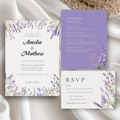 wedding stationery with lavender flowers on it