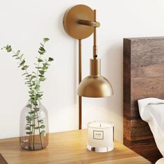 a bedroom with a bed, plant and lamp on the nightstand next to the bed