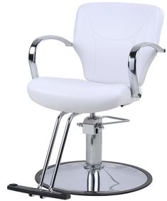 a white chair with chrome legs and foot rest on top of a black base plate