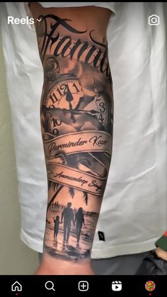 a man with a tattoo on his arm that has words and an image of two people