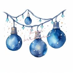 watercolor painting of blue christmas ornaments hanging from a string with stars on the top