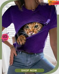 Women's T Shirt Cat 3d Print Short Sleeve Casual Weekend Basic Round Neck Regular Cat 3d, Gatto Carino, Short Sleeve Tops Casual, Women's Outfits By Occasions, Bleu Violet, Aesthetic T Shirts, Shirts Women Fashion, Sendai, Cat T