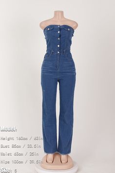 Rock the perfect summer look with our Button Down Tube Top Denim Jumpsuit. This trendy jumpsuit is a must-have for any fashion-forward wardrobe. Featuring a button-down top and a tube top design, it's the perfect blend of style and comfort. So, make a statement and stand out from the crowd in this sassy jumpsuit. Decoration Button , Pockets Length Ankle-Length Style Sexy & Club Fabric Type Denim Material Polyester , Polyester Neckline Strapless Pattern Type Solid Sleeve Length Sleeveless Season Tube Top Design, Trendy Jumpsuit, Denim Material, Summer Look, Top Design, Denim Jumpsuit, Perfect Summer, Tube Top, Summer Looks