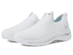 SKECHERS Performance Go Walk Arch Fit - 124409 - Women's Shoes : White : The SKECHERS Go Walk Arch Fit Iconic sneaker will make every walk a comfortable one with a stretch knit fabric upper, slip-on entry, and a machine washable design. Woven-in knit textured panels at toe, heel, and instep panel for added structure. Rear pull-tab offers easy entry. Tonal collar and heel panel. Signature logo accents at the side panel and heel stripe. Breathable fabric lining. Lightweight, responsive ULTRA GO cu Synthetic Slip-on Sneakers With Arch Support For Running, Comfortable White Slip-on Sneakers For Light Sports, Comfortable Sports Slip-ons With Arch Support, Sporty Slip-ons With Cushioned Footbed For Sports, White Slip-on Running Shoes Fade-resistant, White Slip-on Running Shoes With Fade-resistant, White Casual Slip-ons For Sports, White Fade-resistant Slip-on Running Shoes, Casual Slip-on Running Shoes Fade-resistant