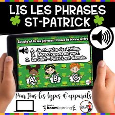 a person holding up a tablet with an image on it and the words les phrases st patrick