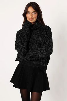 Eleanor Lurex Shine Knit Sweater - Black - Petal & Pup USA Satin Dresses Long, Satin Dresses Long Sleeve, Black Tie Wedding Guests, White Dress Shoes, Cozy Knit Sweater, Essential Dress, Resort Dresses, Exclusive Clothing, Strapless Tops