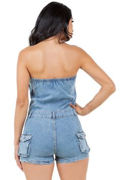 Sexy romper strapless front button-up, multi-pocket, elasticized back, belt loops Model size small 5'8" 36-26-38 S: Bust 29, Waist 27, Hip 35, length 22M: Bust 31, Waist 29, Hip 37, length 22.4L: Bust 32, Waist 31, Hip 39, length 22.8XL: Bust 34, Waist 32.5, Hip 41.5, length 232XL: Bust 35, Waist 34, Hip 44, length 23.6Made In: CHINAFabric Contents: 35%POLYESTER 65%COTTON Comfy Accessories, Mens Loungewear, Denim Romper, Black Romper, Mens Activewear, Shop Swimwear, Womens Activewear, Rompers Women, Mens Swimwear