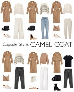 Fall Outfit With Trench Coat, Chic Travel Capsule Wardrobe, Capsule Wardrobe Trench Coat, Camel Coat Spring Outfit, Parisian Fall Outfits Casual, Capsule Wardrobe Blazer, Styling Camel Coat, Classic Outfit Ideas For Women, Camel Winter Coat Outfit