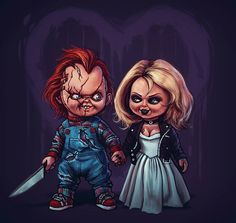 two cartoon characters dressed as zombies holding a knife