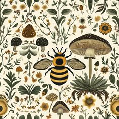 a yellow and black bee sitting on top of a mushroom covered ground next to flowers