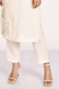 Off white kurta with hand-embroidered leaves using anchor thread embroidery, stroked with light and dull shades of gold. Paired with a pant. - Aza Fashions White Bottoms With Resham Embroidery For Spring, Spring Embroidered Straight Pants, Anchor Thread Embroidery, Bamboo Grove, Anchor Threads, White Kurta, Embroidered Leaves, Women Kurta, Straight Kurta