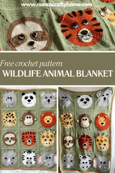 a crocheted animal blanket is shown with the words, free crochet pattern wildlife