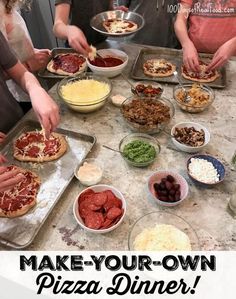 some people are making pizzas and other food items on a table with the words make - your - own pizza dinner