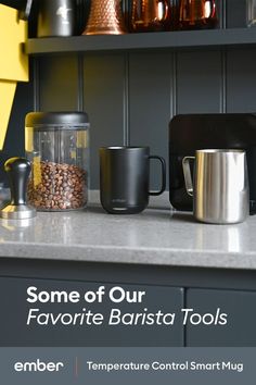 there is a counter top with coffee cups and other items on it, along with the words some of our favorite barista tools