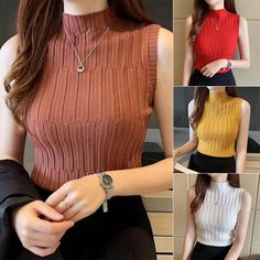 New High Quality Summer Autumn Women Mock Neck Top Turtleneck Sleeveless T-shirt Slim Knitted Vest Female Tee Knitwear High Neck Knit Tank Top, Knit Turtleneck Tank Top, Sleeveless Ribbed Winter Top, Sleeveless Ribbed Top For Winter, Knit High Neck Tank Top, Cheap Tank Tops, Vest Tops Women, Turtleneck Sleeveless, Turtleneck Style