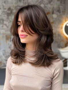 Aesthetic Haircuts With Curtain Bangs, Layered Mid Length Hair Curtain Bangs, Haïr Cut For Shoulder Length Hair, U Shape Haircut With Curtain Bangs, Curtain Bangs And Shoulder Length Hair, Shoulder Cut With Bangs, Curtain Bangs For Shoulder Length Hair, Layers Shoulder Length, Shoulder Length Brown Hair With Curtain Bangs