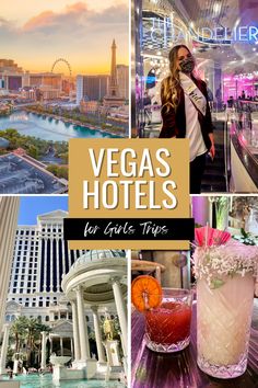 las vegas hotels for girls trip with drinks in front of the casino and ferris wheel