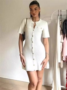 White Knit Short Sleeve Buttoned Mini Dress  Pattern Type: Solid Neckline: O-Neck Decoration: Button Dresses Length: Above Knee, Mini Elegant Mini Dress, Bandeau Tops, Europe Outfits, London Outfit, Ribbed Sweater Dress, Aesthetic Fits, Fitted Mini Dress, Knitted Bodycon Dress, Fashion Life