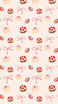 an image of a pattern with cakes and strawberries on the top, as well as ribbons