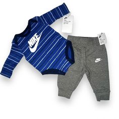 Nike Baby Boy Bodysuit And Pants Set Blue And Grey Logo Striped Size 3m Nwt Brand: Nike Color: Blue - Gray Size: 3m Material: Cotton / Polyester Condition: Brand New With Tags. Baby Boy Clothes Nike, Reborn Clothes, Clothes Nike, Baby Stuff Ideas, Nike Tights, Boy Vintage, Nike Outfit, Baby Nike, Nike Baby