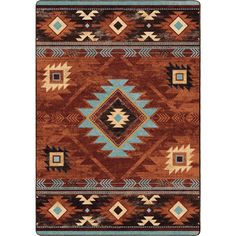 a brown and blue rug with geometric designs