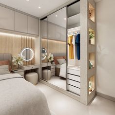 a bedroom with mirrored closet doors and white bed in the corner, along with an illuminated mirror on the wall