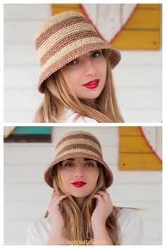 two pictures of a woman wearing a hat and red lipstick, one with long hair