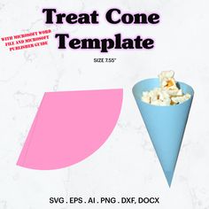 a blue cone filled with popcorn sitting next to a pink piece of paper that says treat cone template