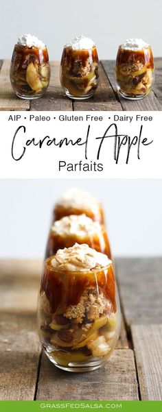 caramel apple parfaits recipe in jars with text overlay