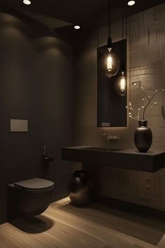 a bathroom with a toilet and some lights