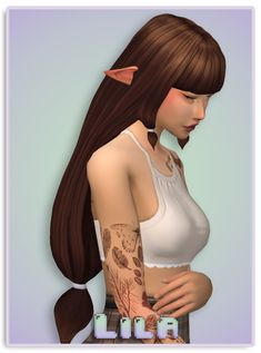 a woman with long brown hair and tattoos on her arm