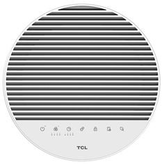 the back side of a white speaker with black and grey lines on it's sides