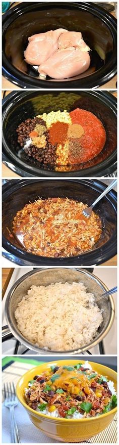 four different types of food being cooked in the oven, including rice and meats