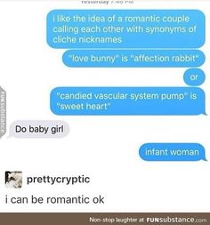 two texts that say, i like the idea of a romantic couple calling each other with syonyns of cliche nickhams love bunny is affection rabbit